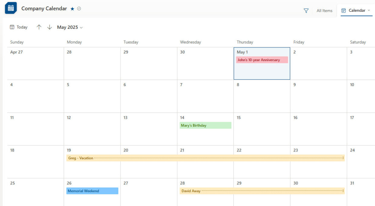 Firm Calendar built using the Lists application (Calendar View)
