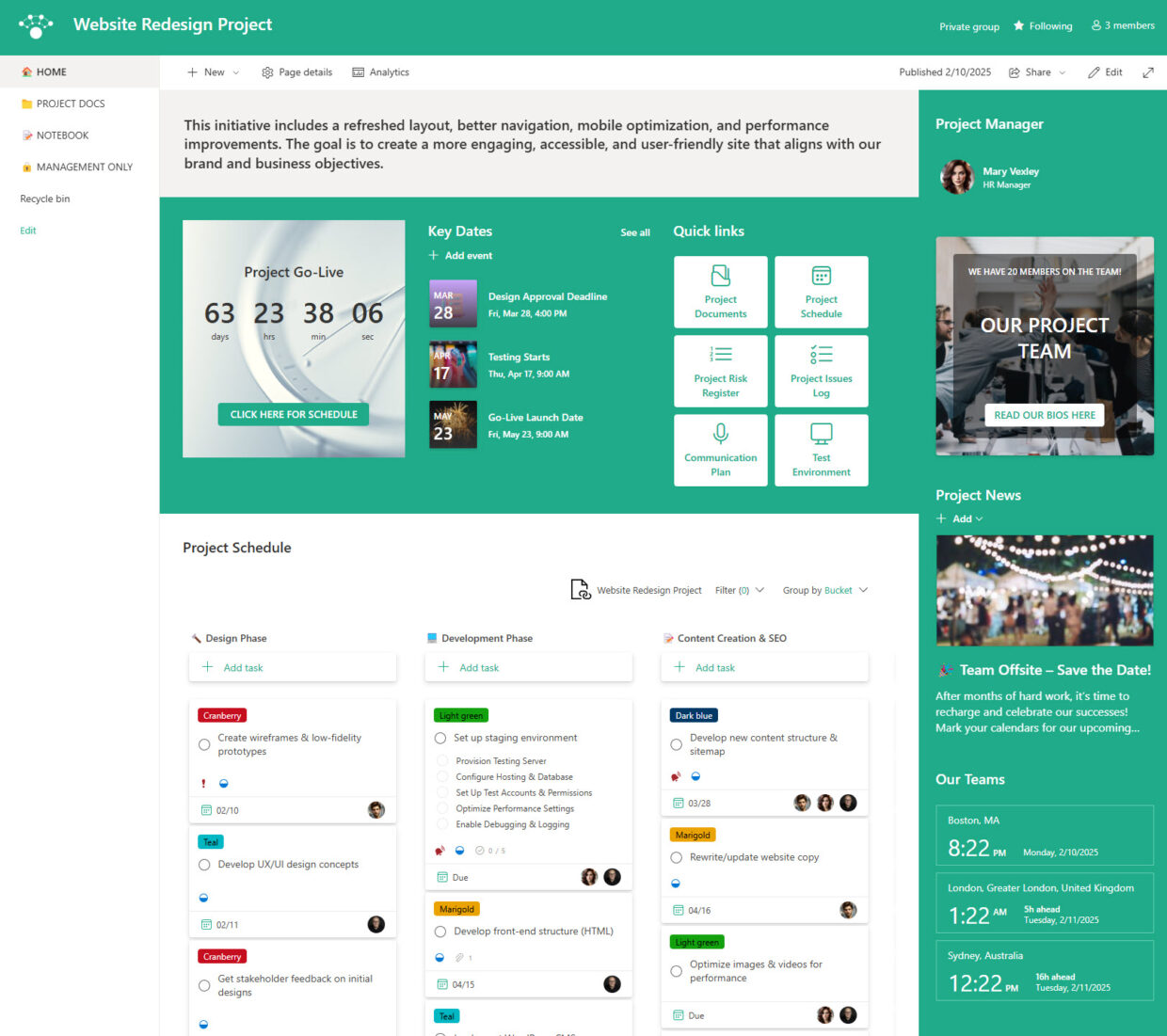 Project Team Site Homepage