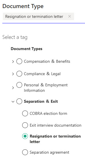 Employee Records Library Document Type Selection