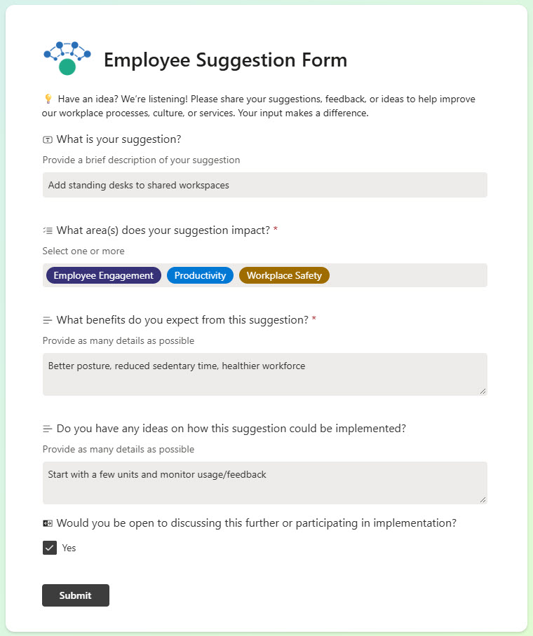Forms Application Employee Suggestion Form Example
