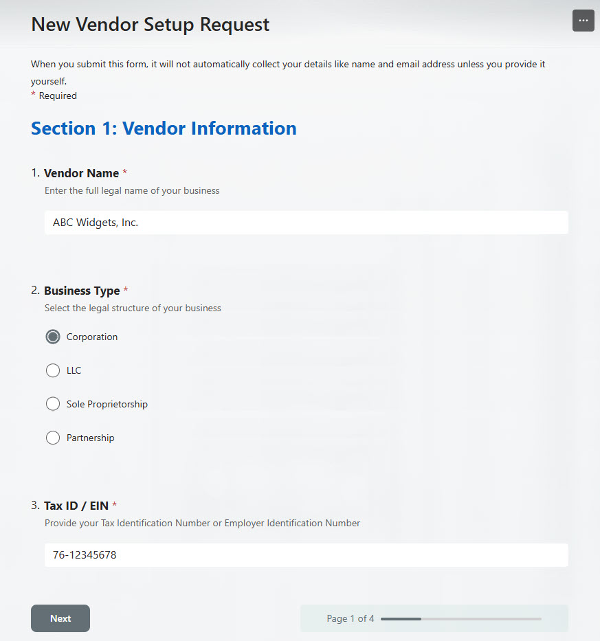 Forms Application Vendor Onboarding Form Example
