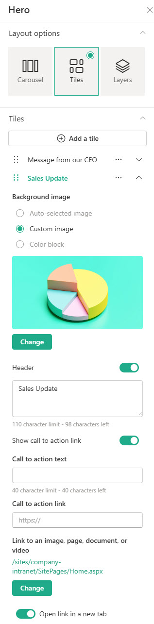 Hero Web Part Configuration Settings