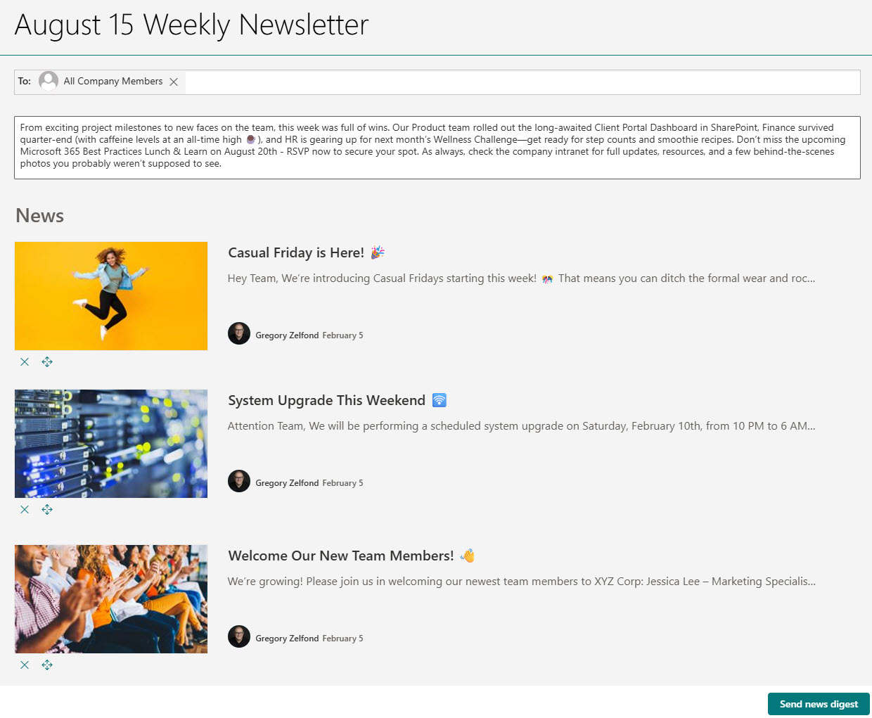 News Web Part News Digest Functionality