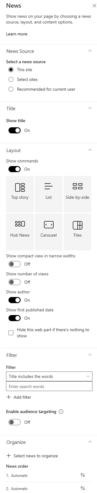 News Web Part Properties Pane