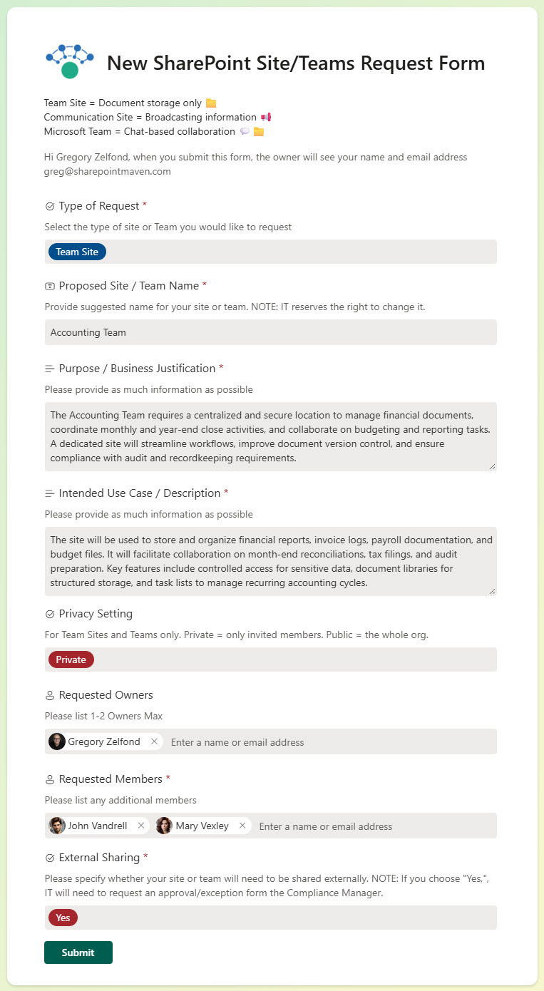 SharePoint Site Request Submission Form
