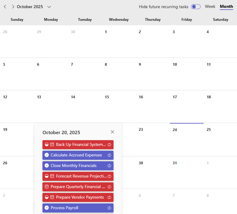 Financial Operations Checklist Calendar View