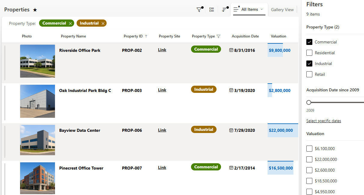 Properties List Filtering