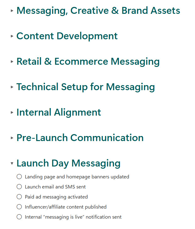 Marketing Checklist Sections