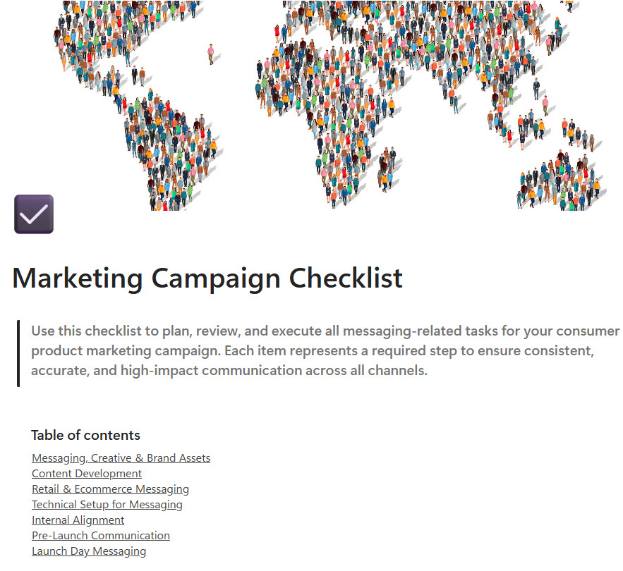 Marketing Checklist Page with Table of Contents