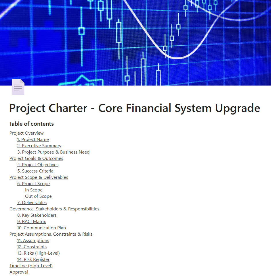 Project Charter Loop Page with Table of Contents