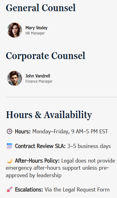 Legal Department Contact Section