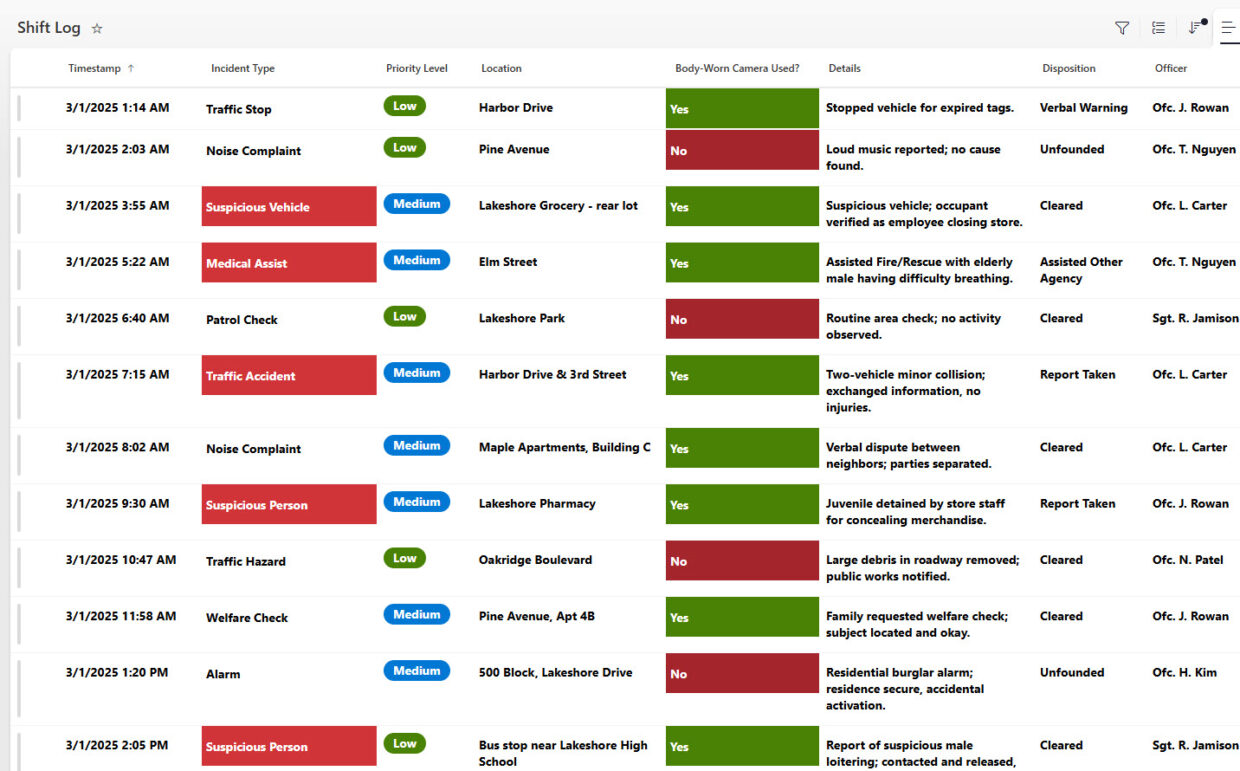 Daily Police Activity Log Main View
