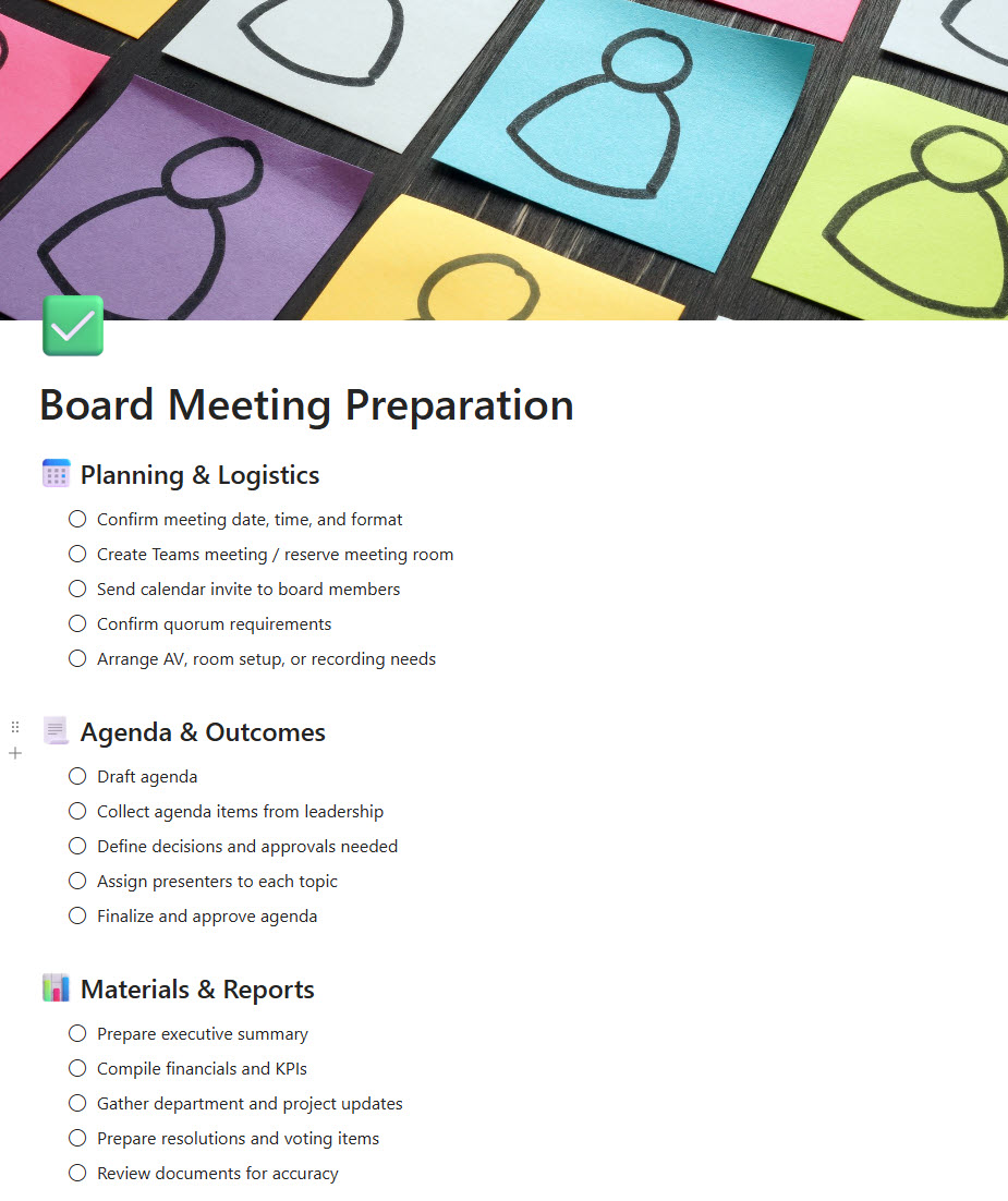 Board Meeting Checklist Loop Page