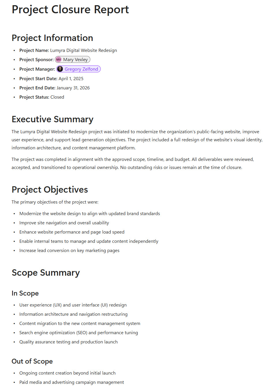 Project Closure Report Project Description