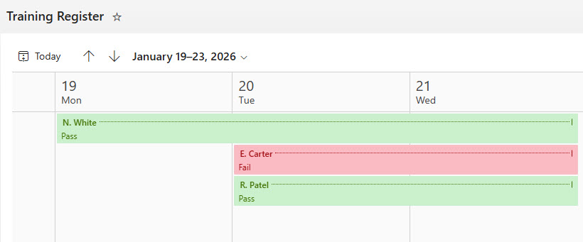 Training Register Calendar View