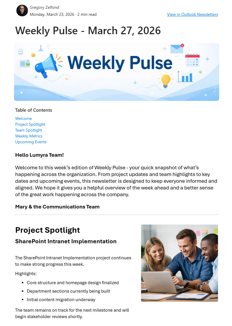 Outlook Newsletters Welcome Section