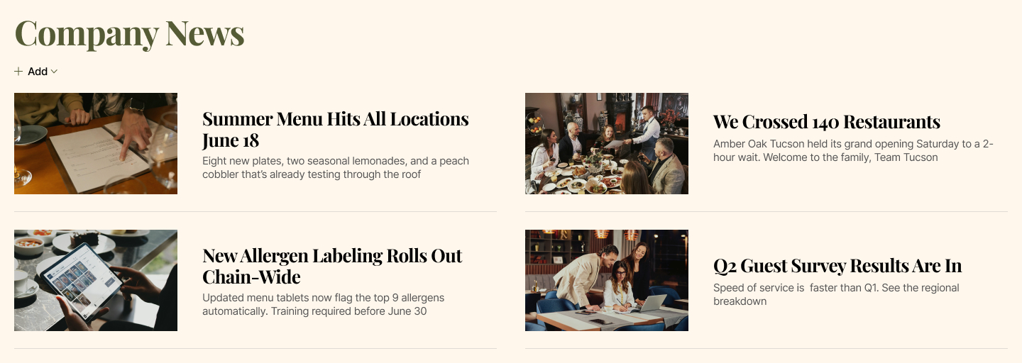 Restaurant Chain Intranet News Section