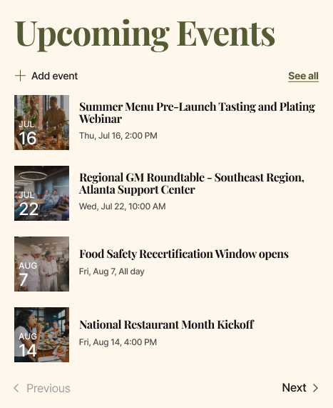 Restaurant Chain Intranet Upcoming Events