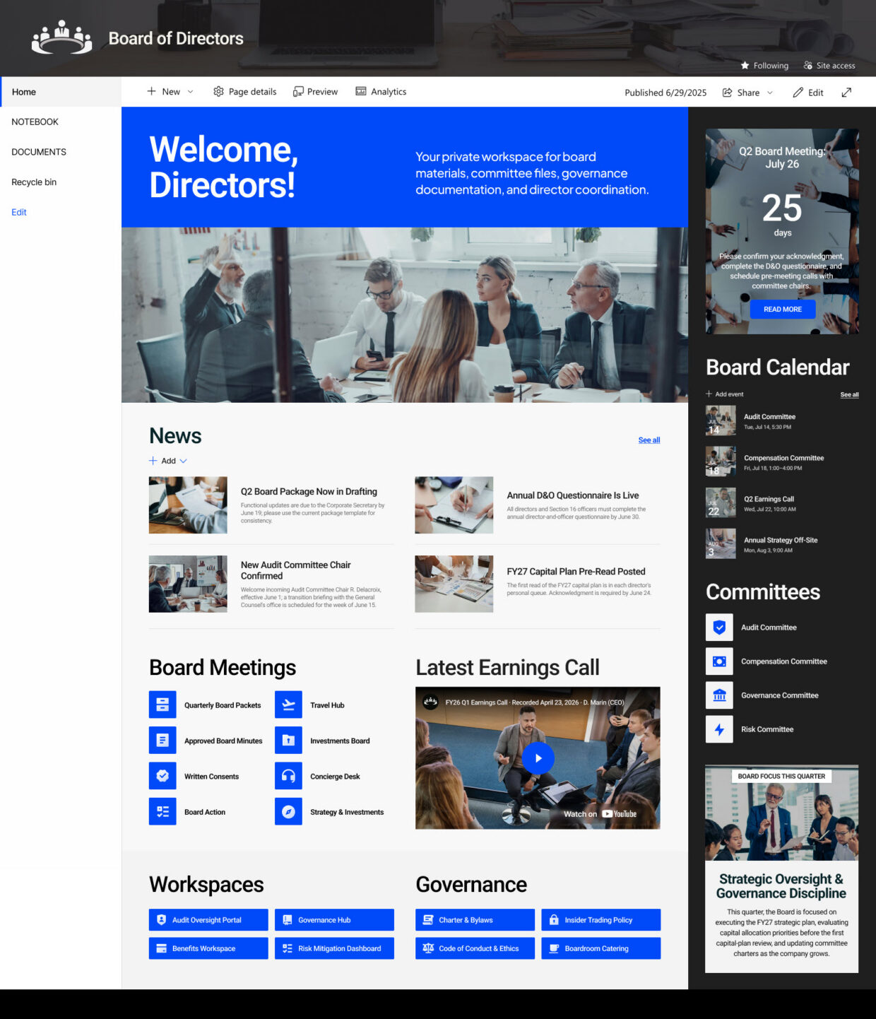 Board of Directors Team Site Homepage