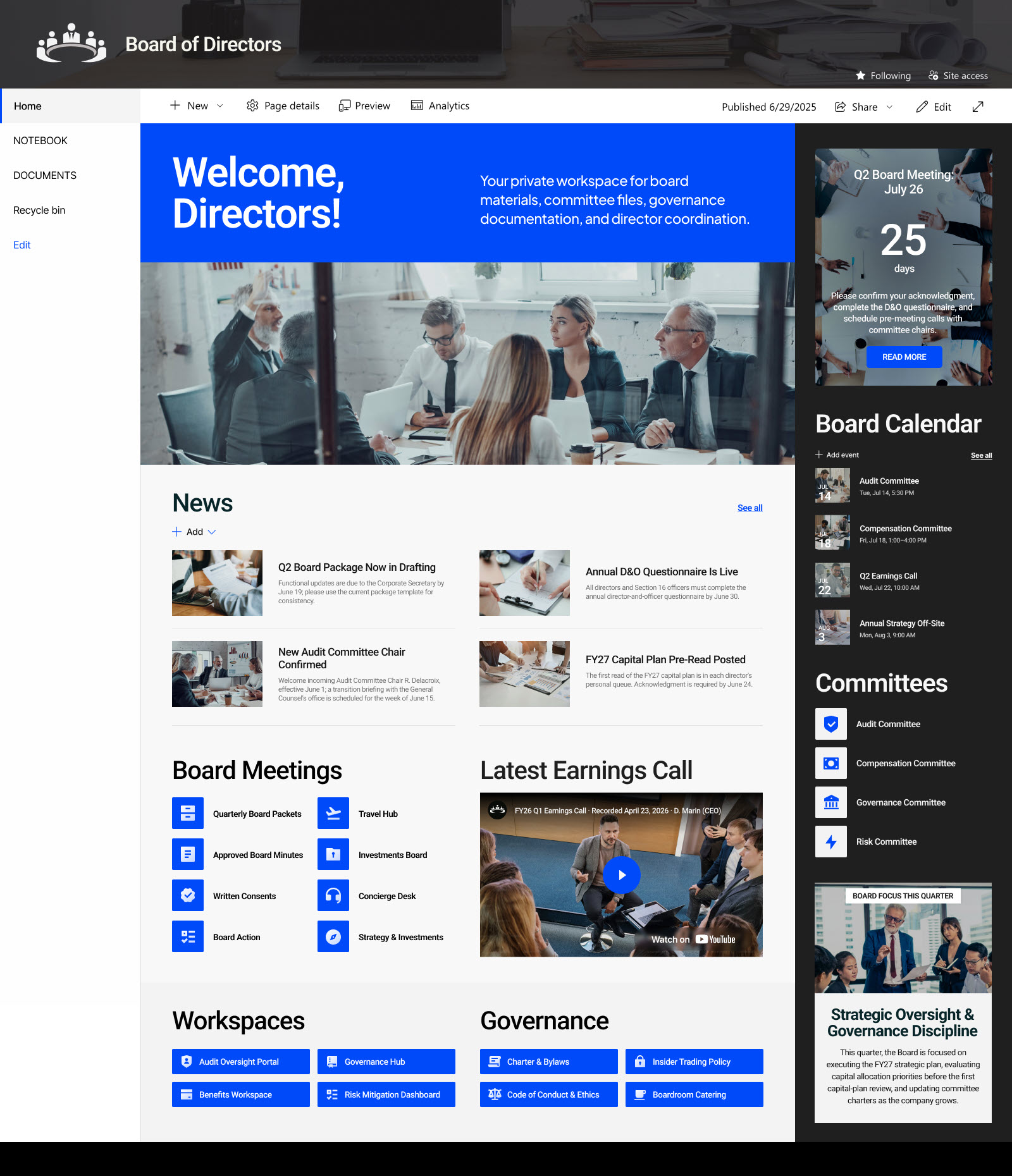 Board of Directors Team Site Homepage