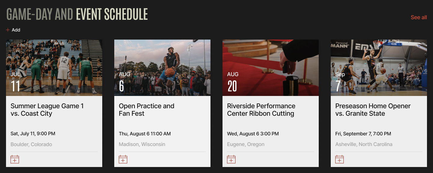 Sports Team Intranet Upcoming Events