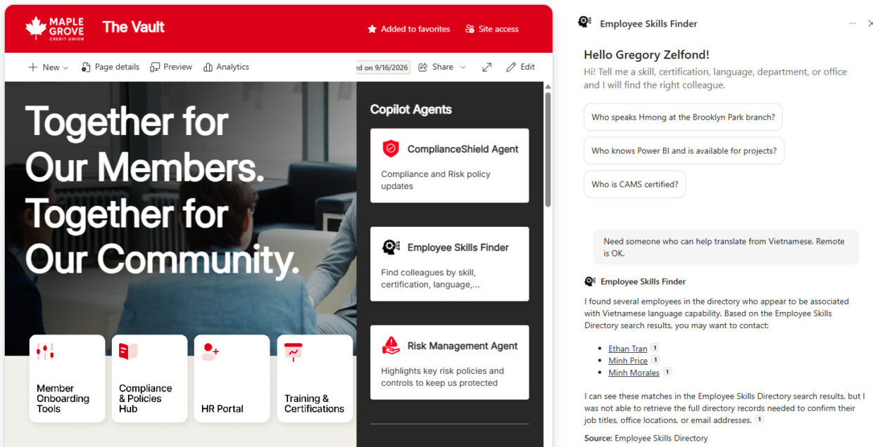Employee Skills Agent accessible from Intranet Homepage