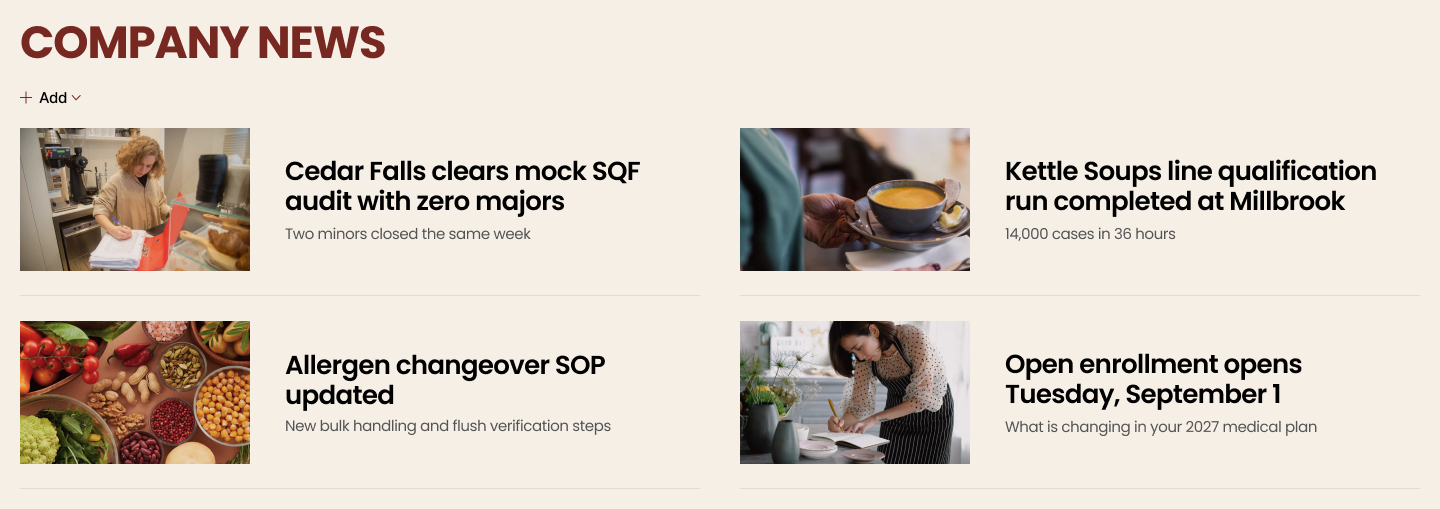 Food and Beverage Intranet Company News