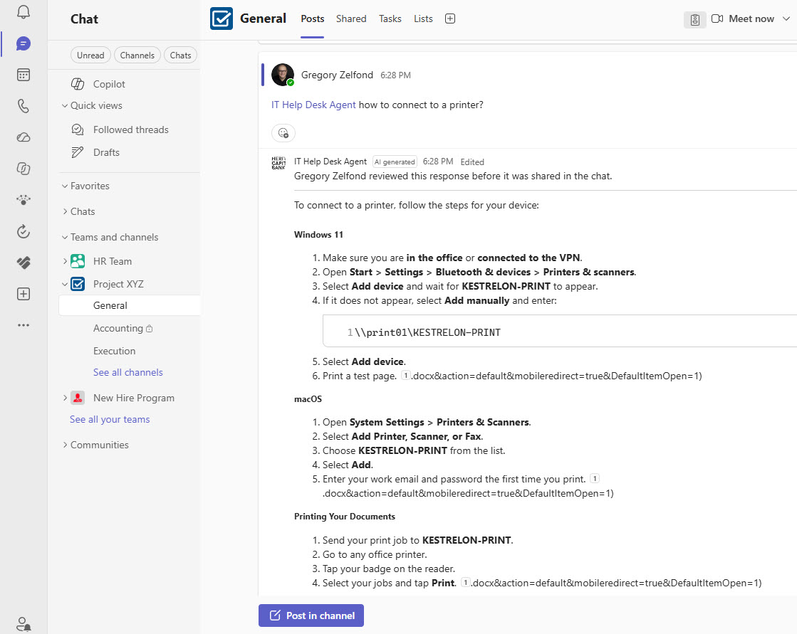 IT Help Desk Agent Teams Channel Answer