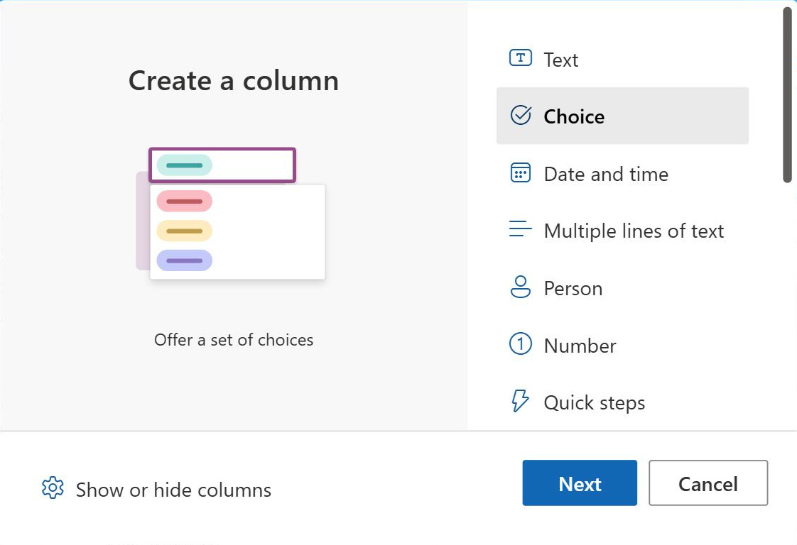 SharePoint column type picker with Choice selected