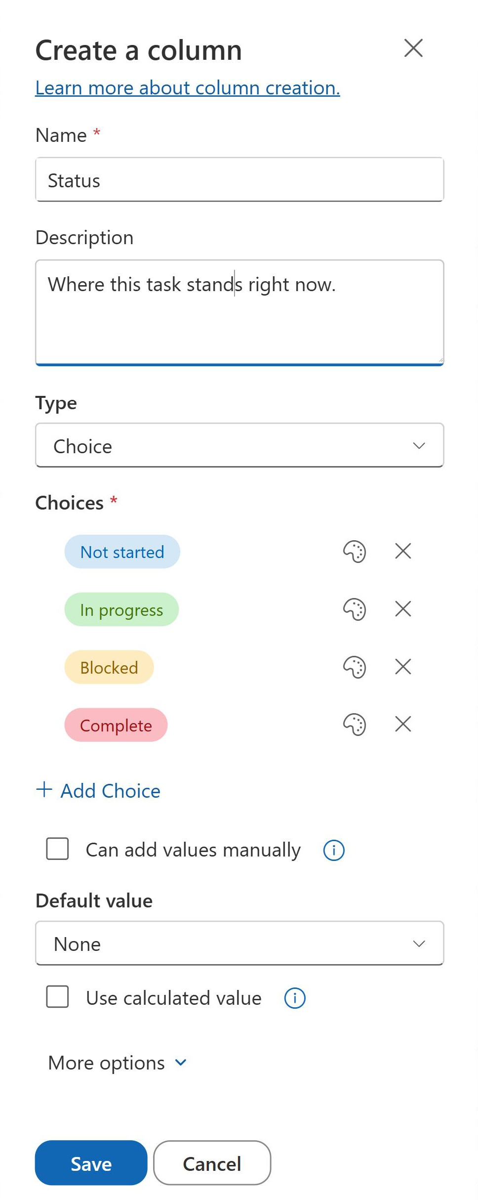 Create a column panel configuring a SharePoint Choice column