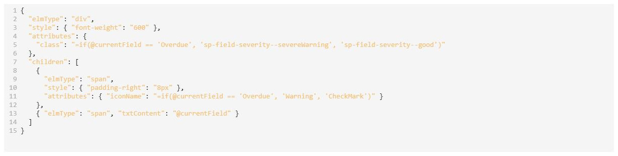 SharePoint Code snippet web part showing JSON in the light theme with numbered lines