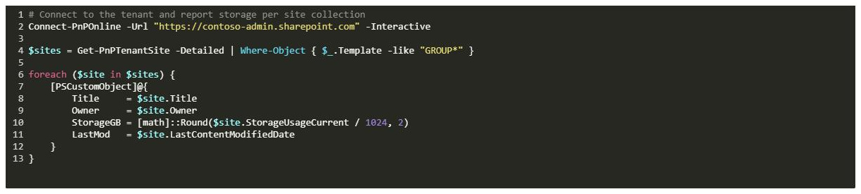 SharePoint Code snippet web part showing PowerShell in the dark theme with numbered lines