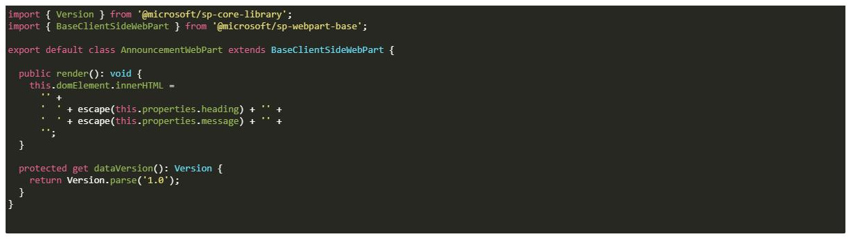 SharePoint Code snippet web part showing TypeScript with line numbers turned off