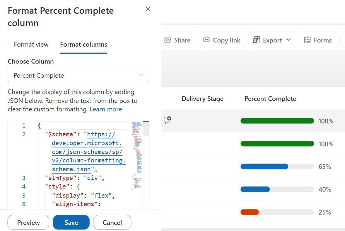 Column formatting JSON pane in a SharePoint list
