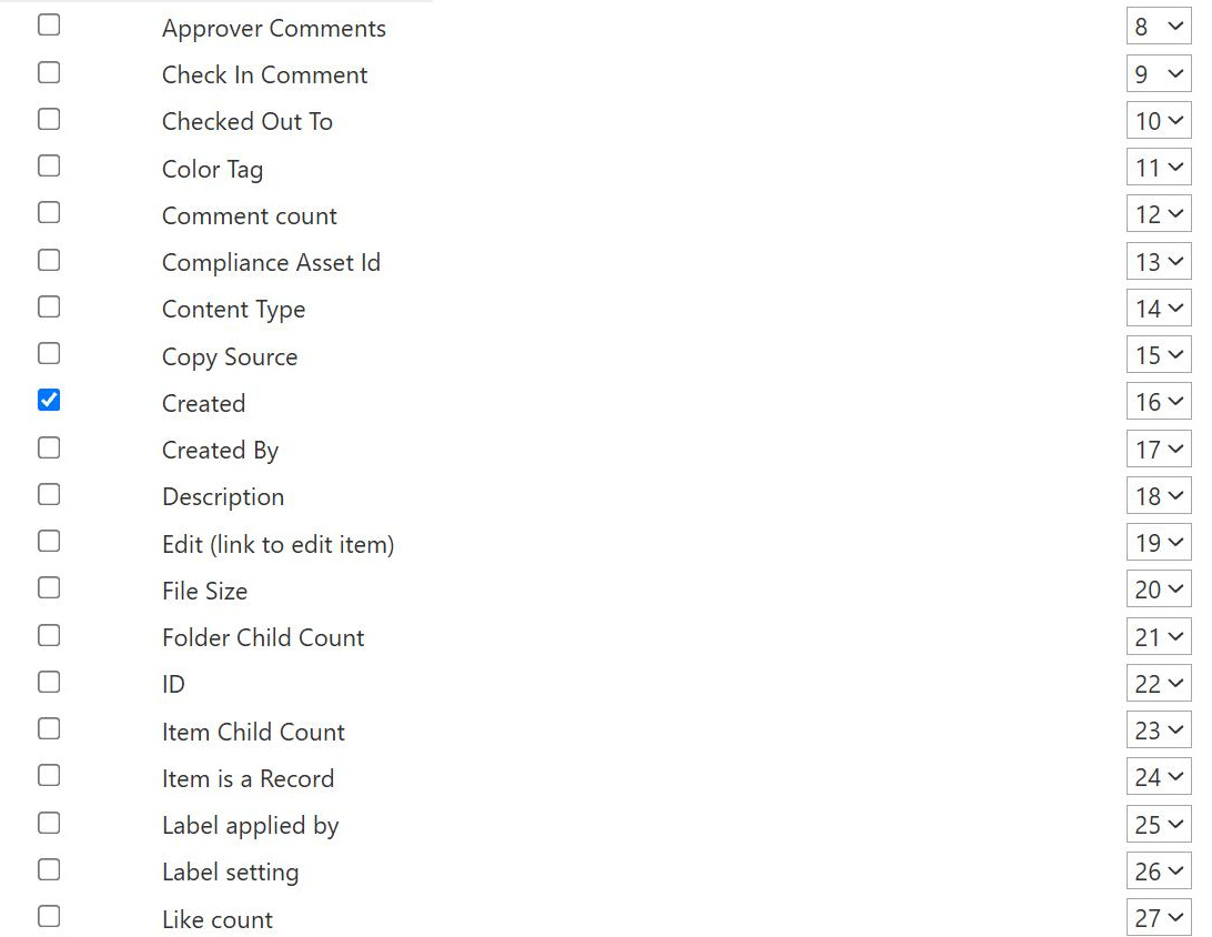 Turning on the Created column in SharePoint view settings