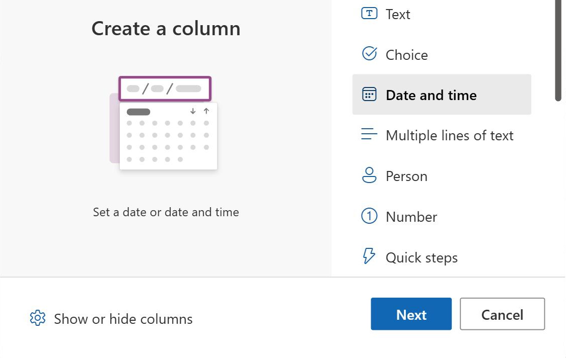 SharePoint column type picker with Date and time selected