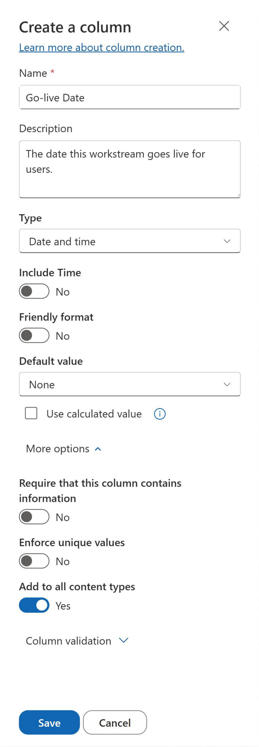 Create a column panel configuring a SharePoint Date and Time column