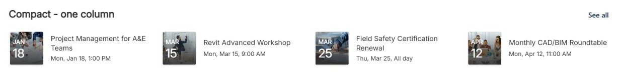 SharePoint Events web part in the Compact layout at full page width