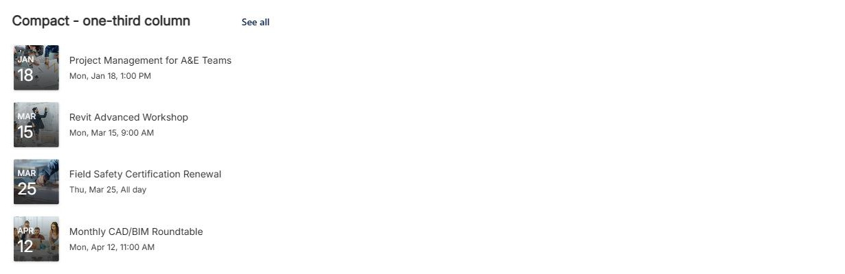 SharePoint Events web part in the Compact layout in a one-third column