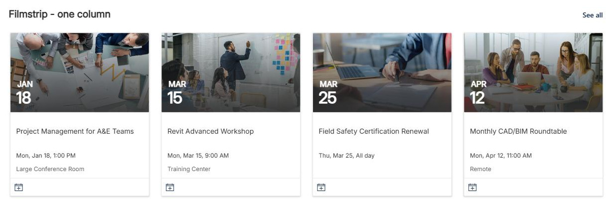 SharePoint Events web part in the Filmstrip layout at full page width