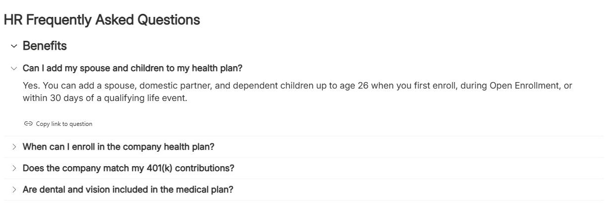 SharePoint FAQ web part with an answer expanded