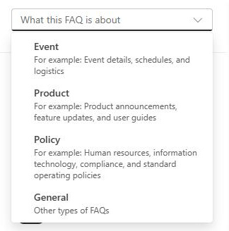 SharePoint FAQ web part settings showing the Purpose options Event, Product, Policy and General