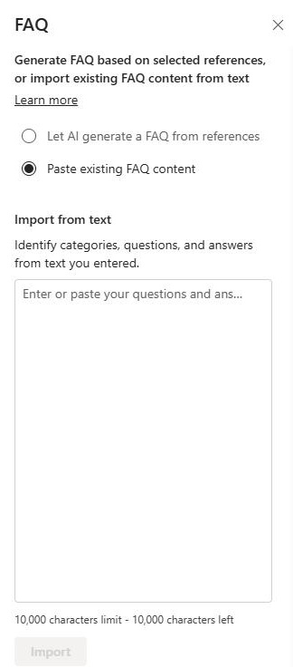 SharePoint FAQ web part setup using the paste existing FAQ content option