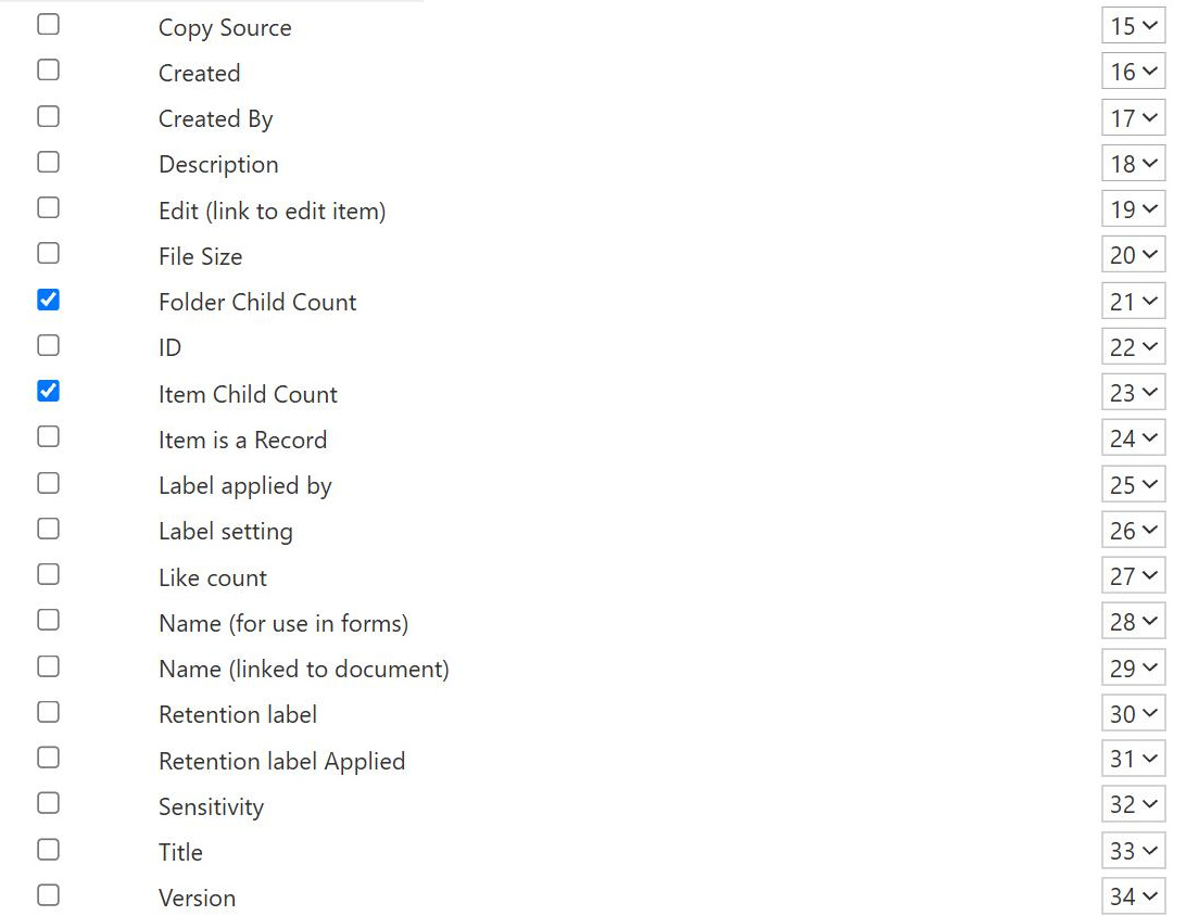 Turning on the child count columns in SharePoint view settings