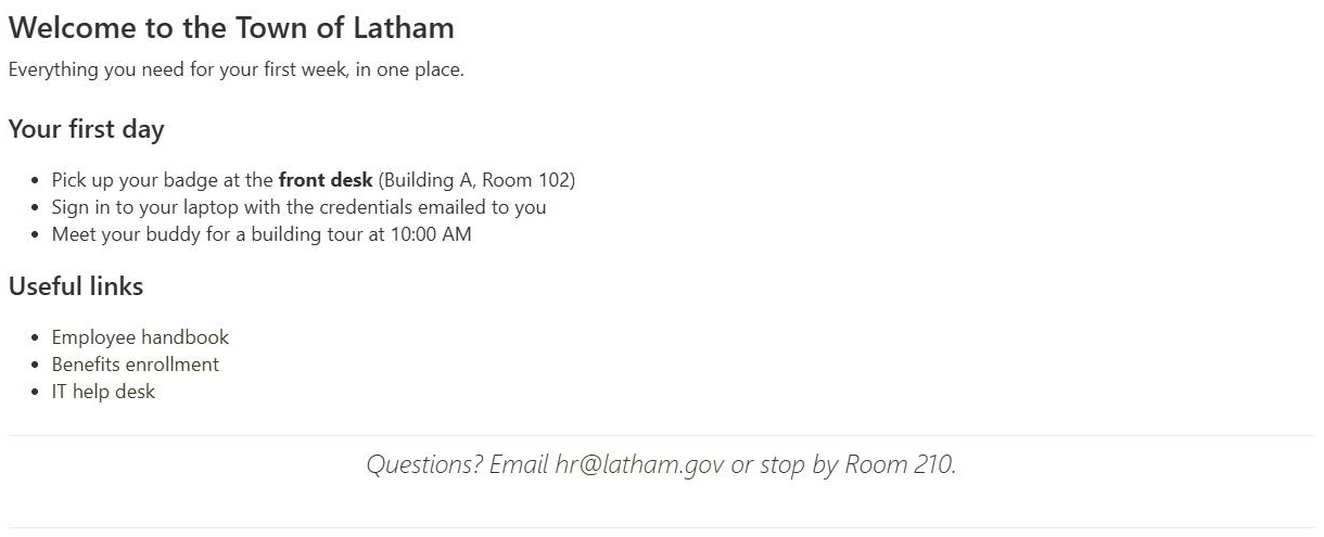 SharePoint Markdown web part rendering headings, lists, links and a quote