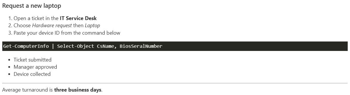 SharePoint Markdown web part rendering numbered steps, a code block and a list