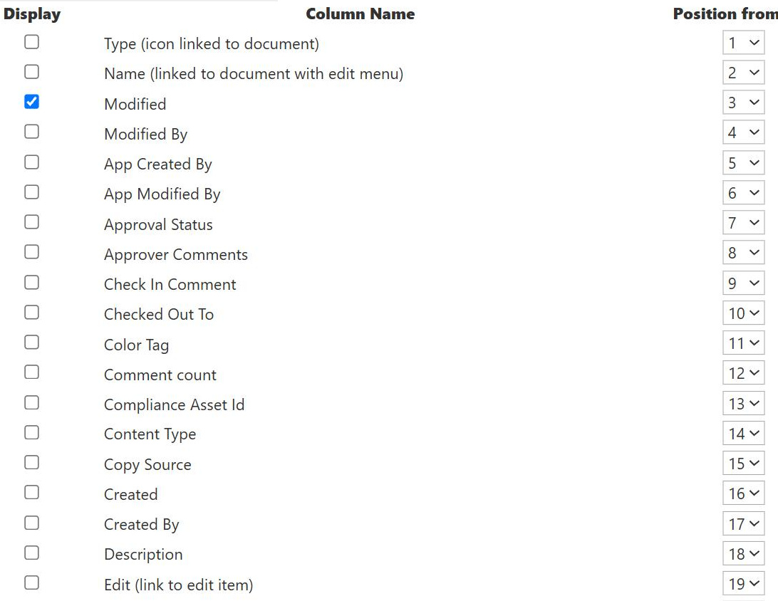 Turning on the Modified column in SharePoint view settings