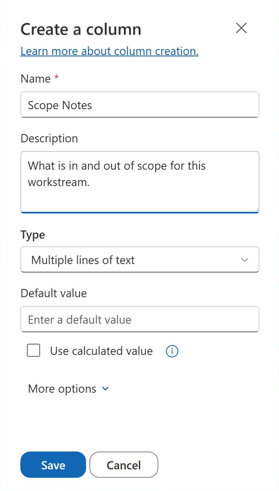 Create a column panel configuring a SharePoint multiple lines of text column