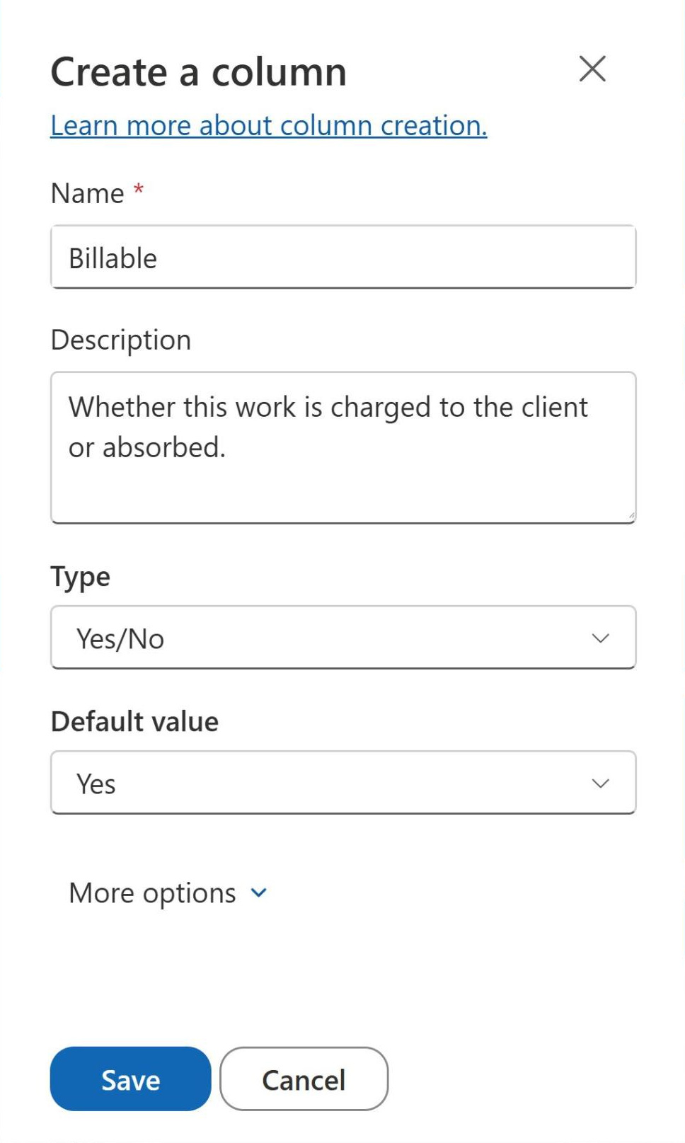 Create a column panel configuring a SharePoint Yes/No column