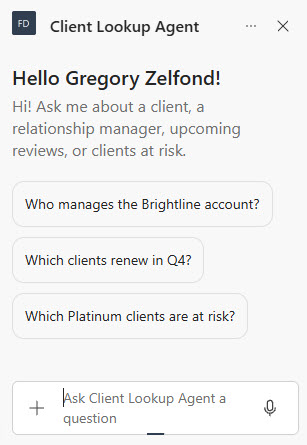 Client Lookup Agent SharePoint Chat Starter Prompts